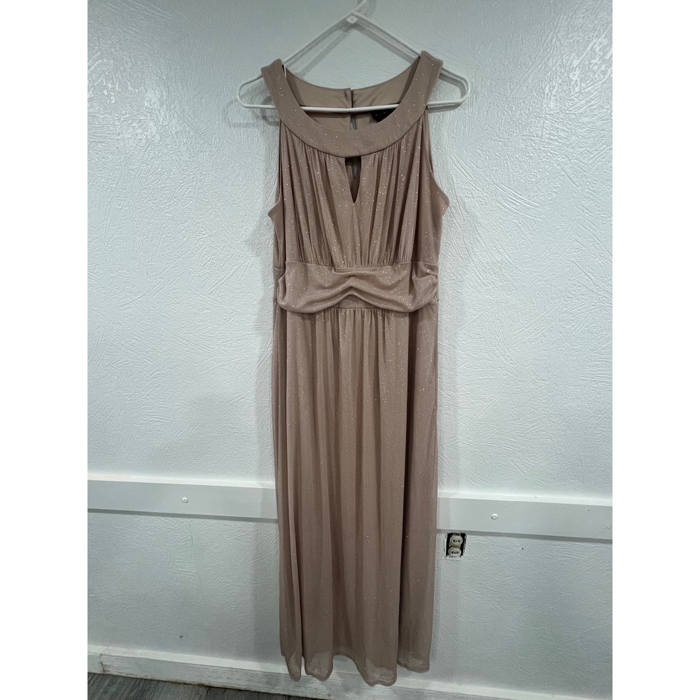 En Focus Women Champagne Glitter Keyhole Maxi Dress Sleeveless Formal Gown 14W - Picture 2 of 7